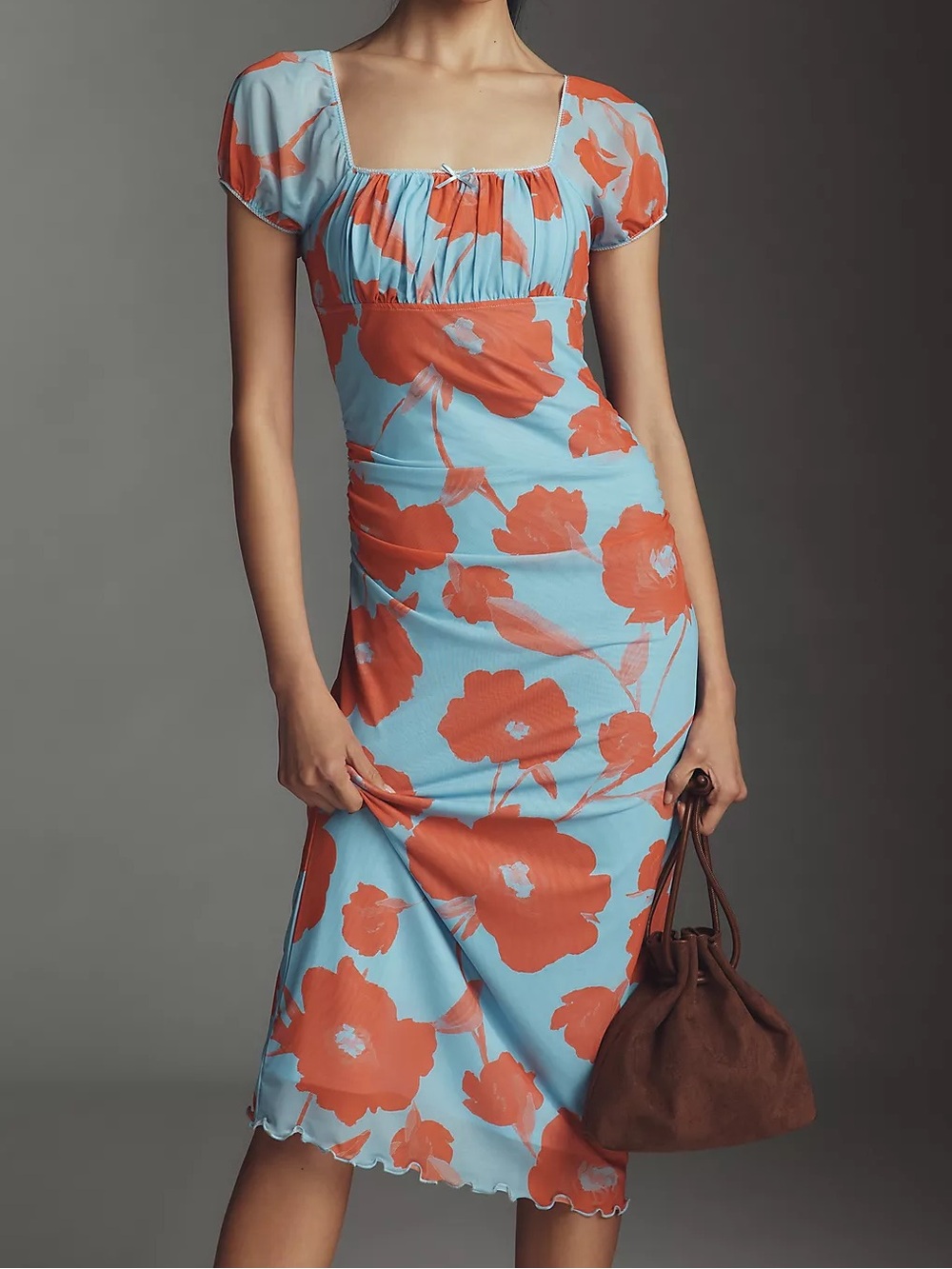 Anthropologie Maeve Puff-Sleeve Square-Neck Mesh Midi Dress